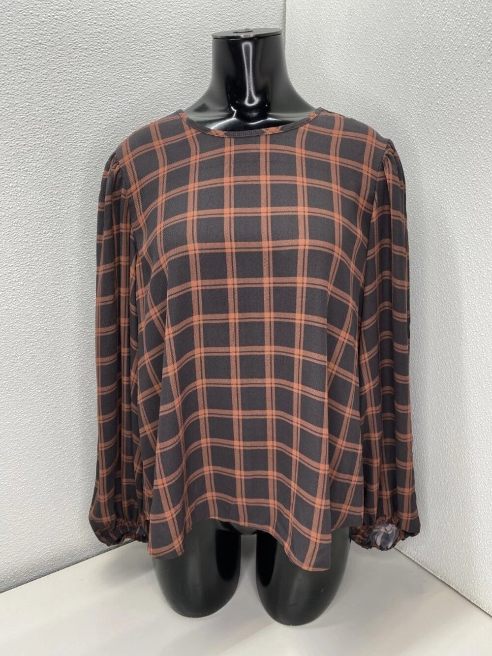Toccin Grid Puff Sleeve Blouse Women’s M Chocolate